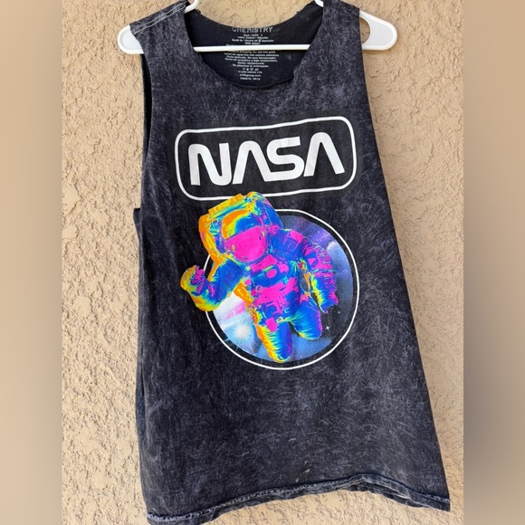 Chemistry NASA Astronaut Muscle Tank Top Black Acid Wash Graphic Tee Size L - Picture 1 of 7